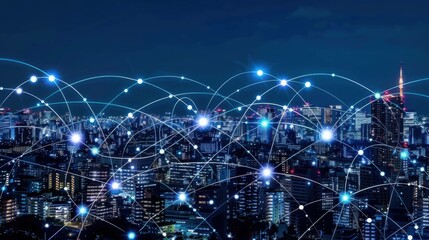 Fototapeta premium A modern cityscape at night featuring a wireless network connection theme, showcasing technology and connectivity against a vibrant urban backdrop.