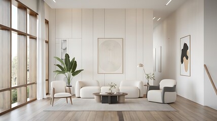 White minimal living room design. white color wall , white ceiling, white minimal sofa against white wooden bookshelf, white interior lightened .Modern living room. Minimalist interior design. Japan