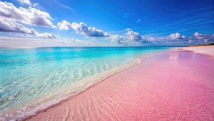 Fototapeta premium Beautiful pink beach with soft sand and clear blue water, tropical, paradise, exotic, serene, coastline, travel