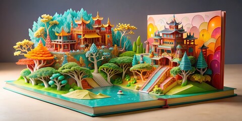 Pop-up book with intricate paper engineering and colorful s, pop-up book, paper engineering, colorful, s