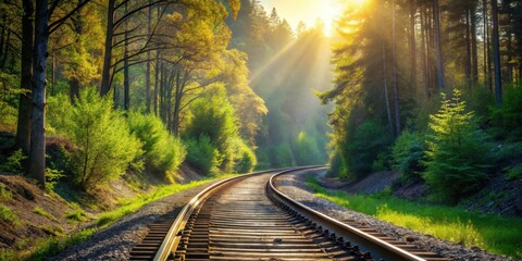 Landscape with railroad tracks curving through backlit forest trees, railway, train, curve, sunlight, trees, nature, transportation