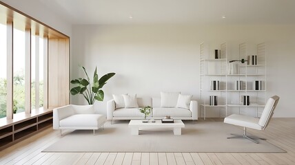 White minimal living room design. white color wall , white ceiling, white minimal sofa against white wooden bookshelf, white interior lightened .Modern living room. Minimalist interior design. Japan