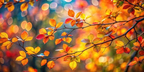 Close up of Autumn leaves on tree branches, selective focus with bokeh background make a colourful nature background