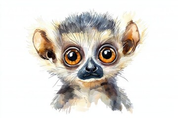 Fototapeta premium A cute artistic illustration of a lemur's face, showcasing its expressive eyes and playful character in vibrant watercolor style.