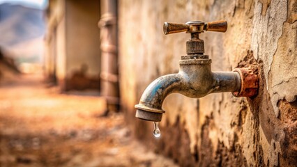 Closeup of a broken old faucet with a drought in a global context , faucet, broken, old, closeup, background, drought, global