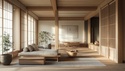 Fototapeta premium Minimalist Japanese Living Room with Wooden Features
