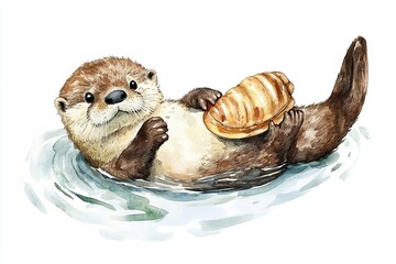 Obraz premium A cute otter floating on its back in water, holding a shell, showcasing playful charm and aquatic joy.