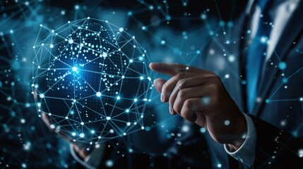 Businessman interacting with a network administration icon, representing global technological networking. Focus on management, optimization, and security systems.

