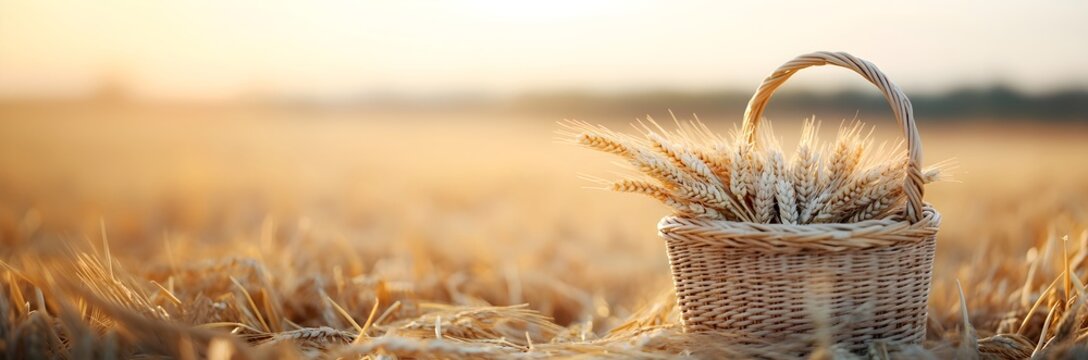 Basket full of ripe ears wheat against a background of wheat field on a summer or autumn day. Harvest festival. Lugnasad, Lammas, Shavuot, Thanksgiving Day, Mabon. Banner or poster with copy space - Powered by Adobe