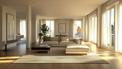 Fototapeta premium Modern Living Room with White Couch and City Views