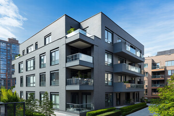 A modern multi-story building featuring balconies and large windows, surrounded by greenery and urban landscape.