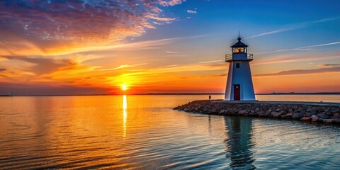 Fototapeta premium Sunset glow over Lake Hefner lighthouse, sunset, beautiful, afterglow, Lake Hefner, lighthouse, tranquil, scenic, nature