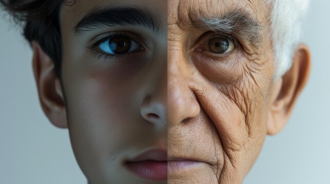 This split portrait juxtaposes the faces of a young and an old man, highlighting the striking contrast between youth and age. The detailed textures and expressions convey a profound narrative on aging