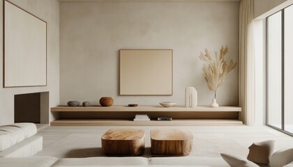 Obraz premium Minimalist Living Room Interior with Wooden Accents and a Large Window
