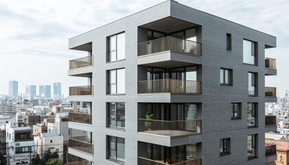 Fototapeta premium A modern, multi-story building with balconies, surrounded by a cityscape under a cloudy sky.