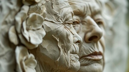 Intricately detailed stone sculpture depicting the faces of elderly women. The artistry captures the wrinkles and expressions, showcasing a powerful representation of age and experience in a timeless