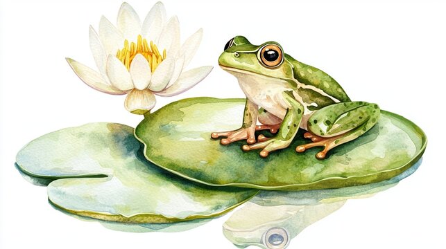 A vibrant frog perched on a green lily pad beside a serene water lily, showcasing nature's beauty in a tranquil aquatic setting.