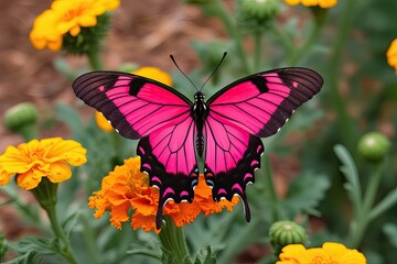 Radiant Pink Tropical Morpho Butterfly Fluttering Above Cheerful Marigold Flowers