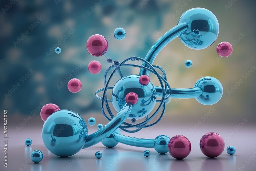 Poster 3d atoms and molecules on abstract background science visualization