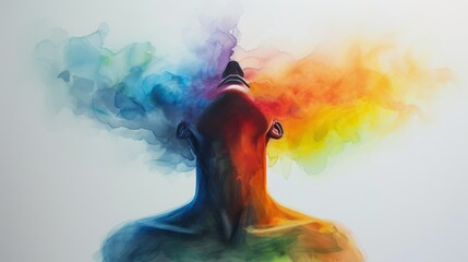 An abstract art piece depicting a human silhouette with vibrant, multicolored smoke emanating from the head. The image represents creativity, imagination, and the flow of ideas in a visually striking