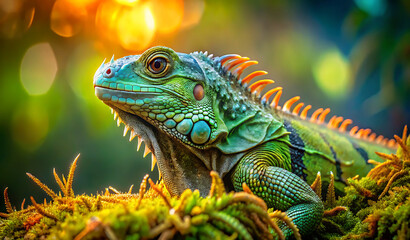 Fototapeta premium Image of a Vibrant Green Iguana in Sunlit Natural Habitat