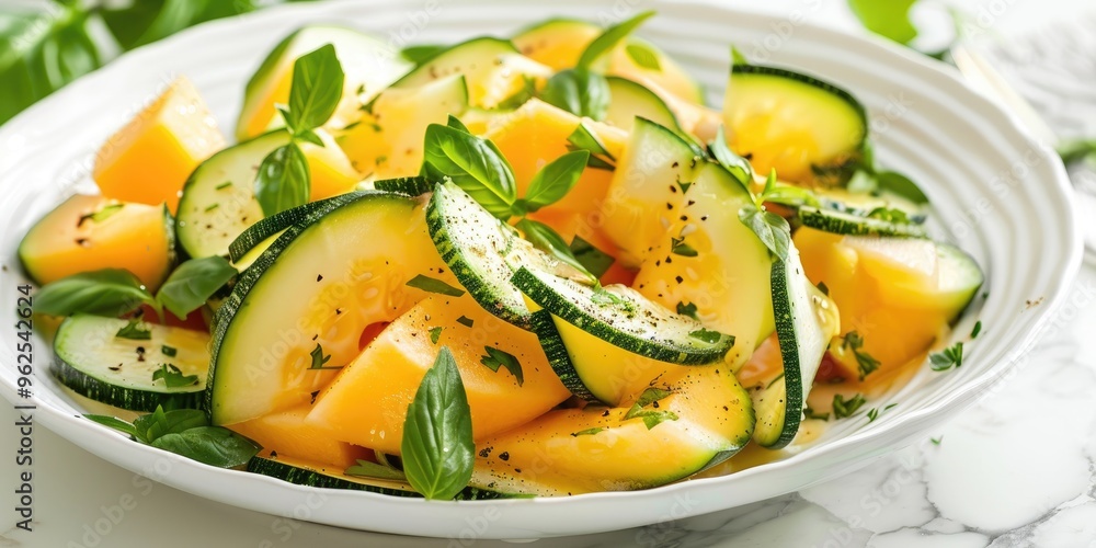 Wall mural Herbed Melon and Zucchini Salad on Elegant Surface