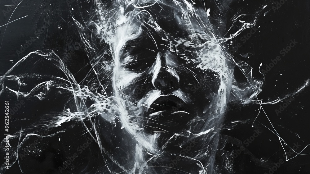 Aufkleber dynamic white brushstrokes create an abstract face on a dark background. the intense and energetic l