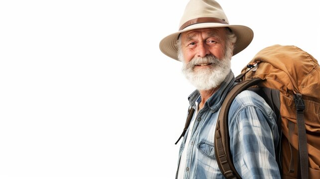 A senior man with a white beard and hat smiles while carrying a large backpack. Dressed in casual outdoor attire, he looks ready for an adventure, embodying the spirit of travel and exploration.