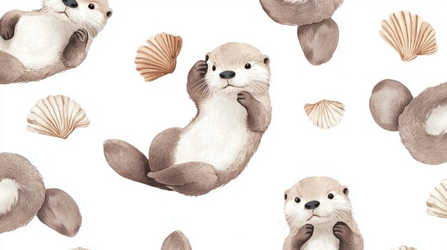 Playful otter design featuring cute otters and seashells, perfect for children's decor, textiles, and fun illustration themes.