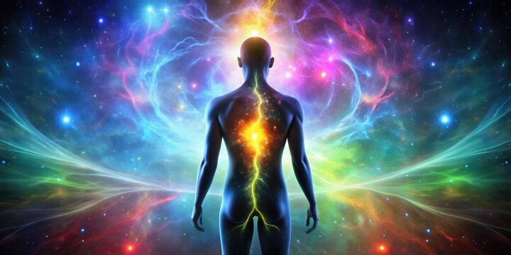 Silhouette of virtual human with aura chakras on space nebula , virtual, human, aura, chakras, space, nebula,