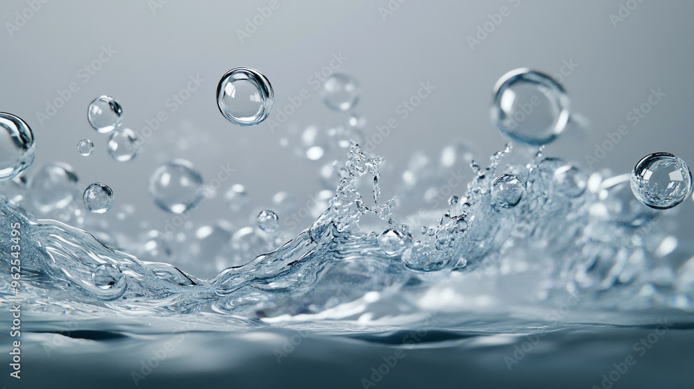 Poster Dynamic water splash with bubbles creating ripples in a serene environment