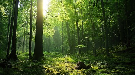 Serene Forest Landscape with Lush Greenery. This image depicts a tranquil forest scene, showcasing dense trees and vibrant foliage.
