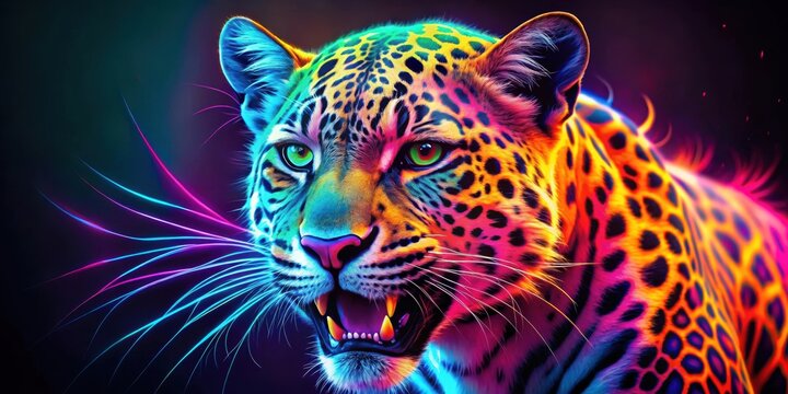 Fantasy angry leopard featuring vibrant neon colors, fantasy, angry, leopard, neon, color, art,animal, digital, design, vibrant