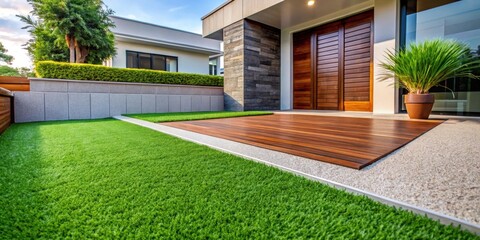 Obraz premium Artificial grass lawn turf with wooden edging in the front yard of a modern Australian home