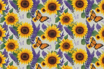 Vibrant Floral Pattern with Sunflowers, Lavender, and Butterflies for Decoration and Design