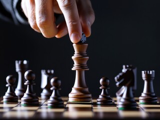 A close-up of a hand delicately moving a chess piece in a strategic game, highlighting focus and concentration in the art of chess.