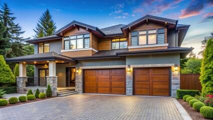 Fototapeta premium Luxurious house with a modern double garage door in Vancouver, Canada, Luxury, house, home, architecture, design, double garage