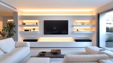 A sleek, white media wall in a minimalist living room, featuring a large flat-screen TV surrounded by elegant floating shelves and recessed lighting.
