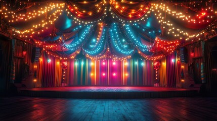 An image of colorful light circus stage with festive lights and decorations