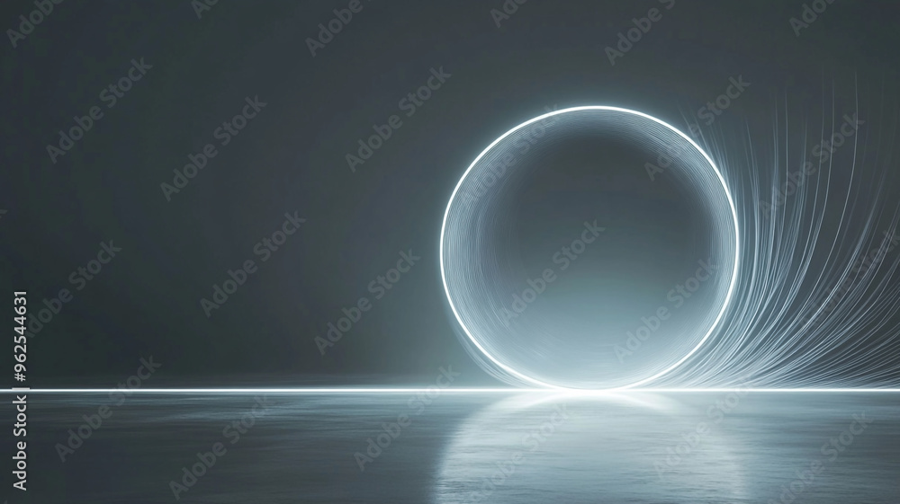 Poster a glowing circular light creating dynamic patterns on a reflective surface during twilight hours