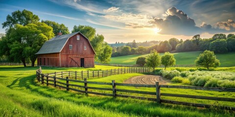 Farm background with barn, wooden fence, and lush greenery. Rural landscape farmyard perfect for summer outdoor backdrops
