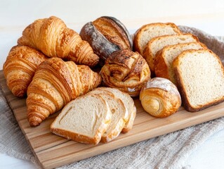 Fototapeta premium A delicious assortment of freshly baked breads and pastries on a wooden board, perfect for breakfast or brunch.