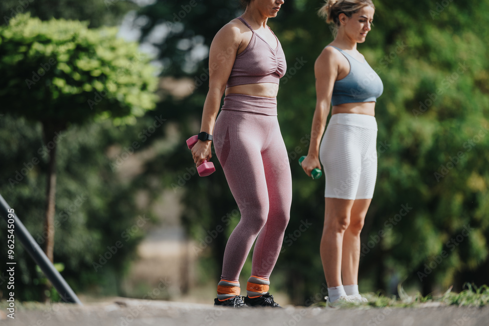 Wall mural two women in fitness attire are seen doing calisthenics with dumbbells in a scenic park, focused on 