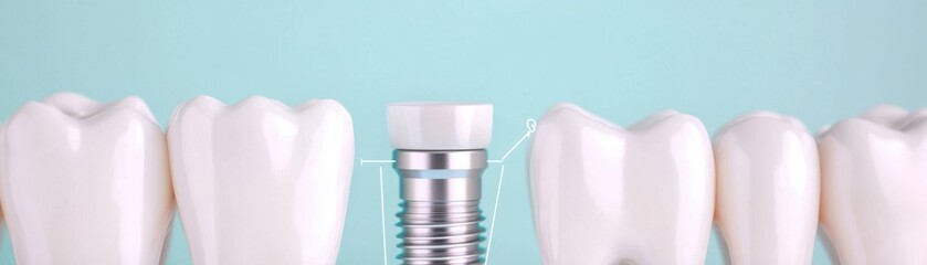 Obraz premium A dental implant surrounded by healthy teeth, showcasing modern dentistry and cosmetic dental solutions for improved smiles.