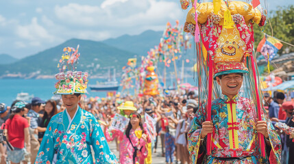 Cheung Chau Bun Festival, traditional parade with colorful costumes walking along the village streets, blue sea and fishing boats in the background, Ai generated images
