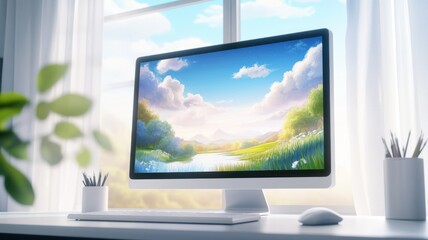 Fototapeta premium A digital workspace featuring a monitor displaying a serene landscape, emphasizing creativity and nature in a bright office setting.