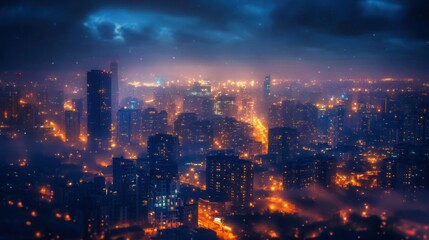Fototapeta premium Cityscape at Night with Fog and Lights