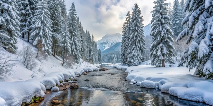 Winter landscape with a stream in Arven Wald, Swiss National Park, Arven Wald, Swiss National Park, winter, landscape, stream