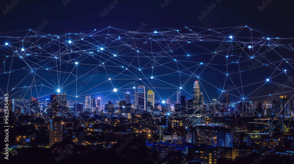 Wall mural Cityscape at Night with Digital Network Connections