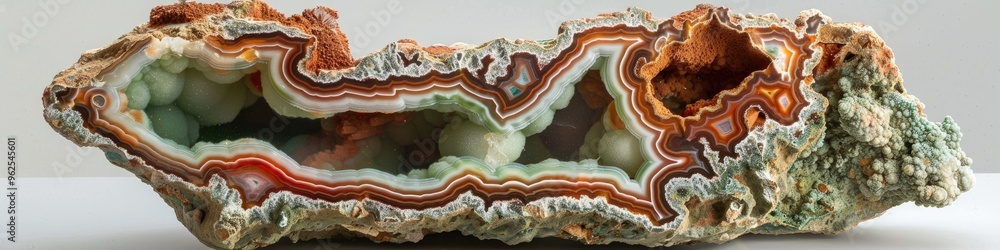 Poster thunderegg agate geode specimen showcasing a simple agate with a cave surrounded by green rhyolite m